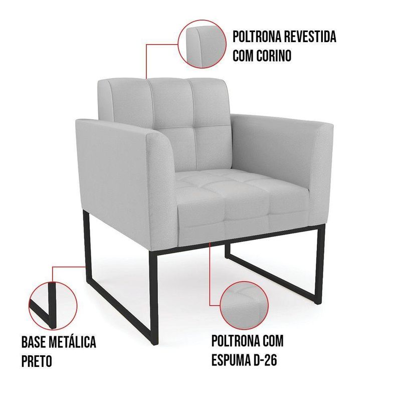 Kit 2 Poltronas Sala Elisa Decorativa Base Industrial Couro Sintético Cinza D'Rossi