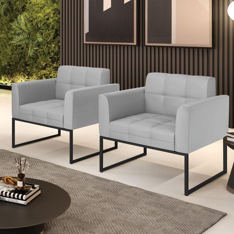 Kit 2 Poltronas Sala Elisa Decorativa Base Industrial Couro Sintético Cinza D'Rossi