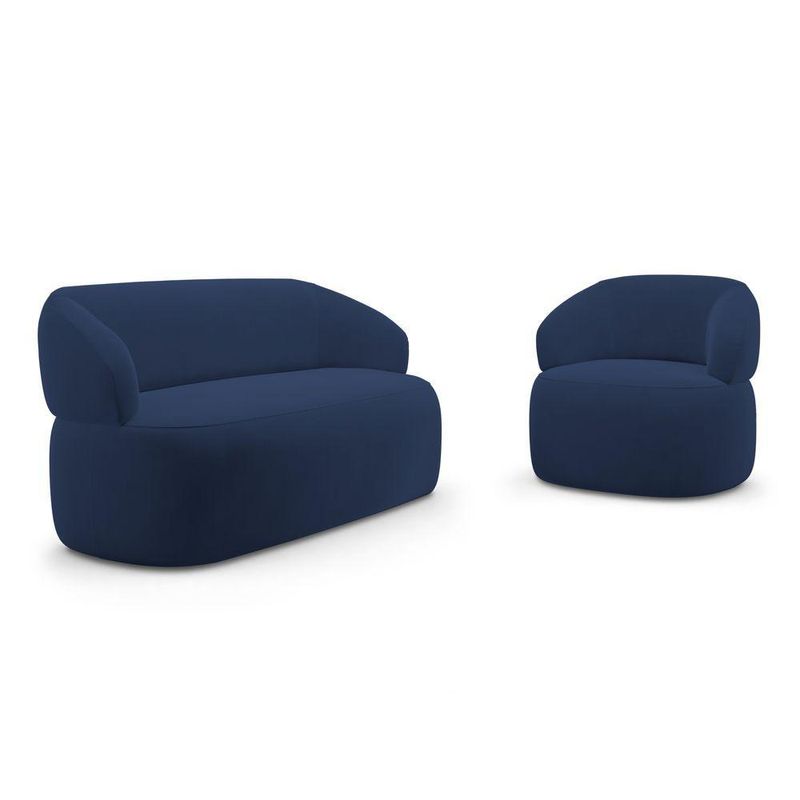 Kit Sofá Poltrona Giratória Living Glee Orgânico Veludo Azul Abmaza