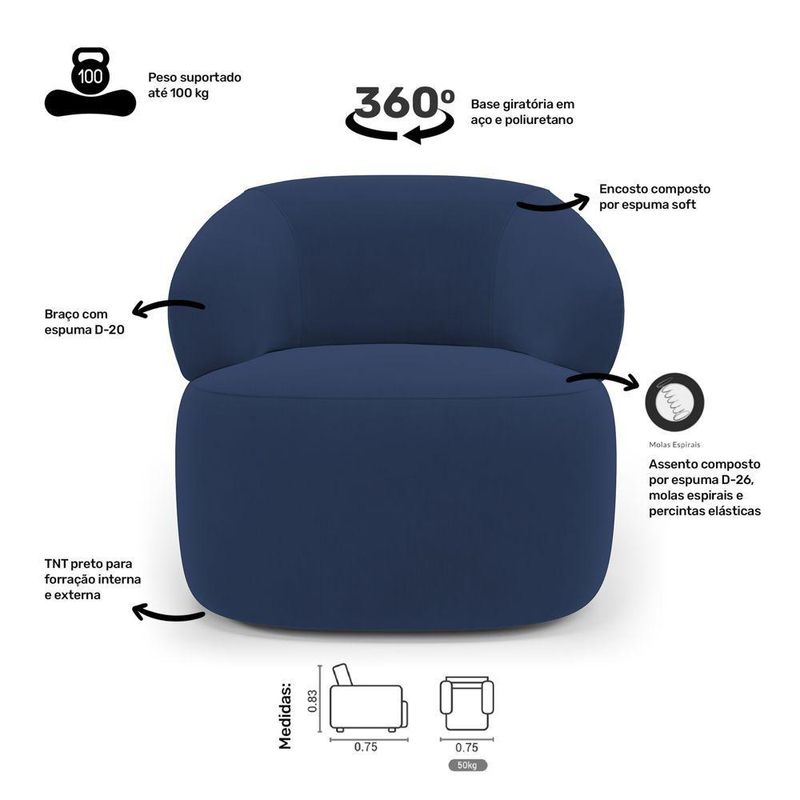 Kit Sofá Poltrona Giratória Living Glee Orgânico Veludo Azul Abmaza