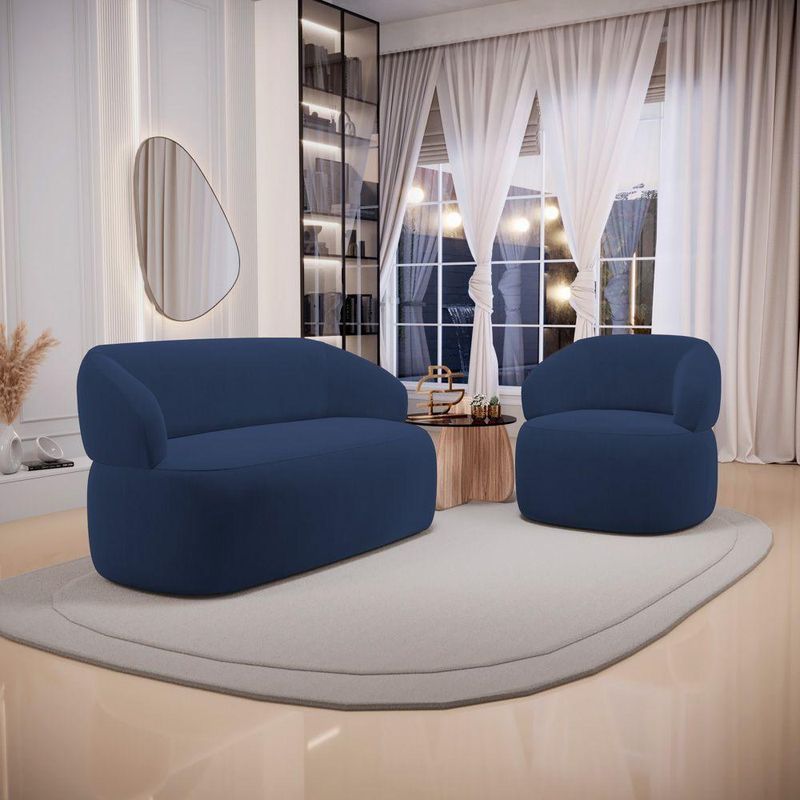 Kit Sofá Poltrona Giratória Living Glee Orgânico Veludo Azul Abmaza