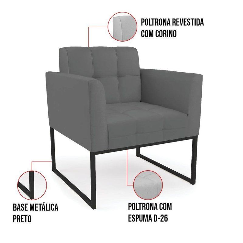 Kit 2 Poltronas Sala Decorativa Elisa Base Industrial Principal Sintético Grafite Preto D'Rossi