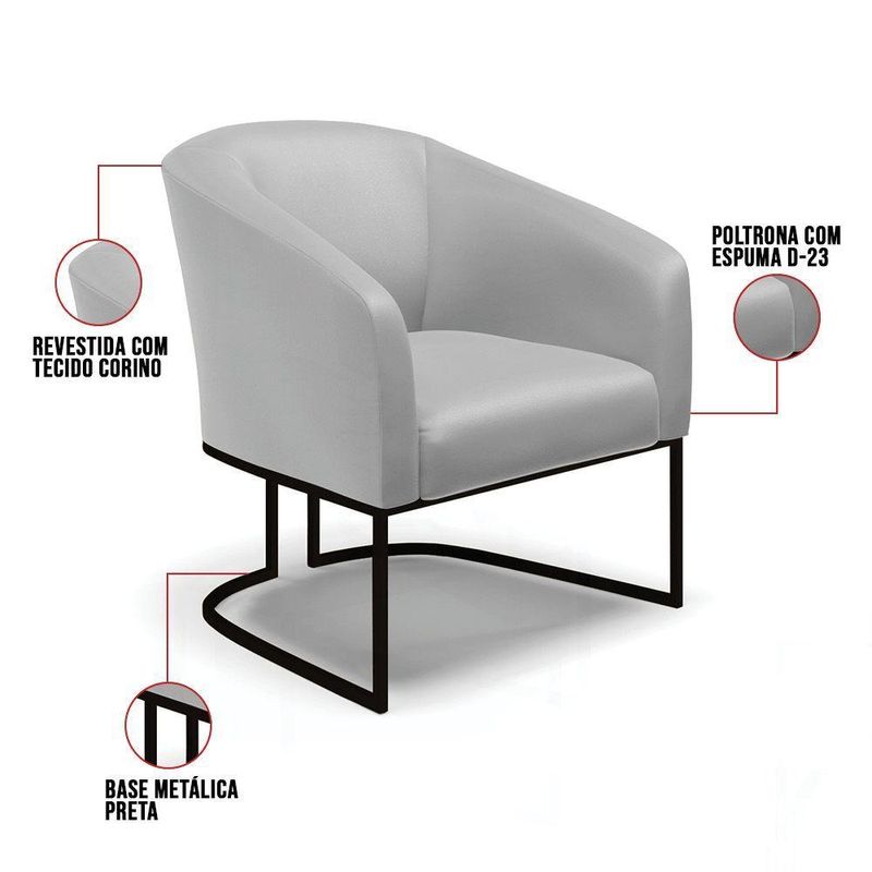 Kit 2 Poltronas Sala Decorativa Stella Sintético Cinza Base Industrial Preta D'Rossi