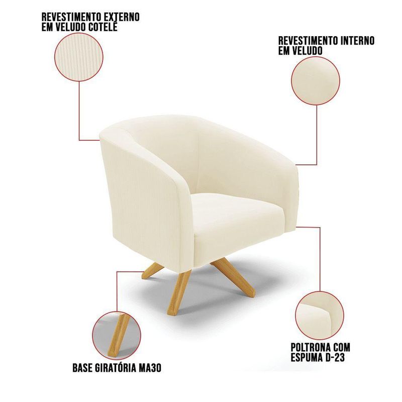 Kit 2 Poltronas Decorativas Stella Giratória Veludo Cotelê Bege D'Rossi