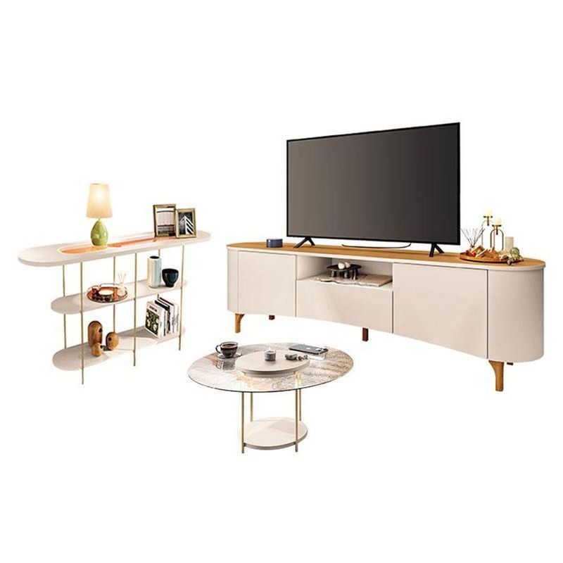 Rack Bancada Elara Off White Cinamomo E Mesa De Centro Sky Com Tampo De Vidro E Aparador Infinity Off White - Hb Móveis