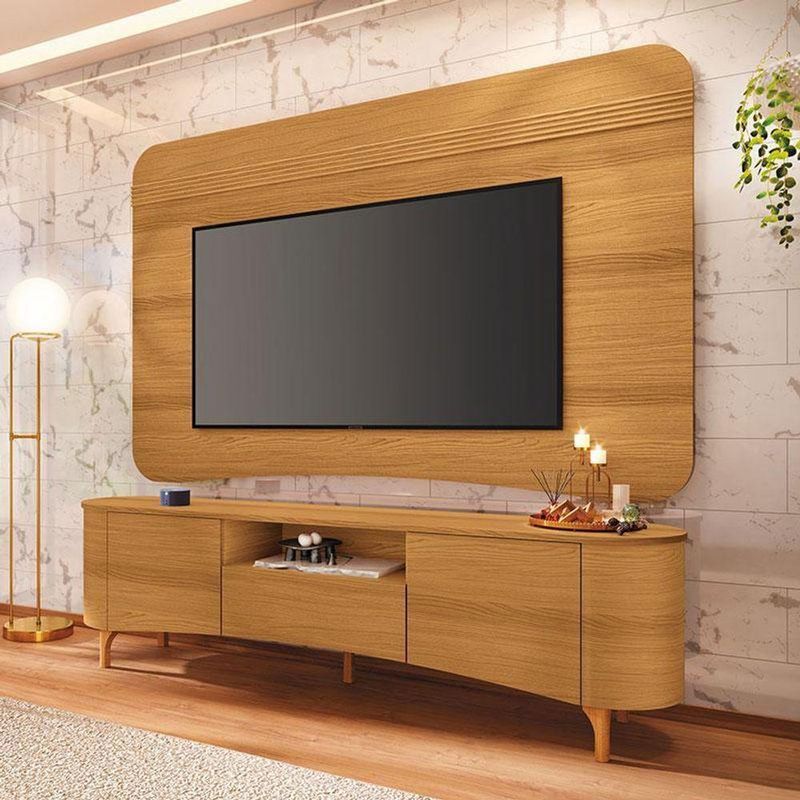 Rack Bancada Elara E Painel Armony Com Mesa De Centro Sky Com Tampo De Vidro E Aparador Infinity Cinamomo - Hb Móveis