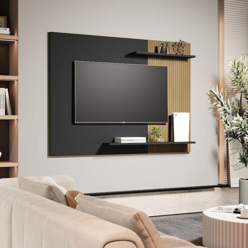 Painel De Tv Mênfis 135cm Ripado Com 2 Prateleiras Para Sala E Quarto Preto/ripado