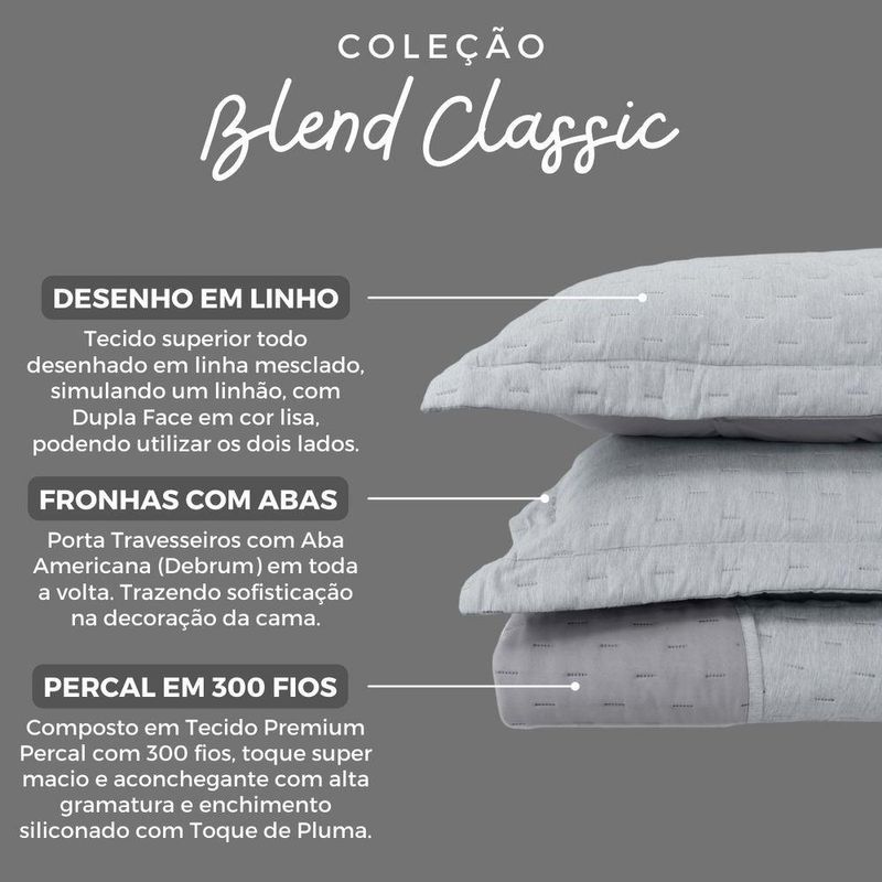 Kit Cobre Leito Colcha Queen Blend Percal 300 Fios Dupla Face Linho Mesclado Com Fronhas 03 Peças Cor Cinza