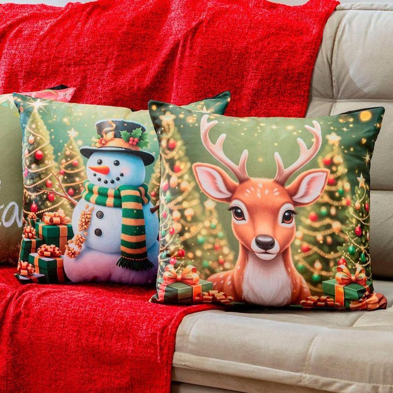 Kit Com 4 Capas De Almofadas Estampadas Natalinas 45cm X 45cm - Decorativas Festas Ceia Fim De Ano Cor Feliz Natal Verde