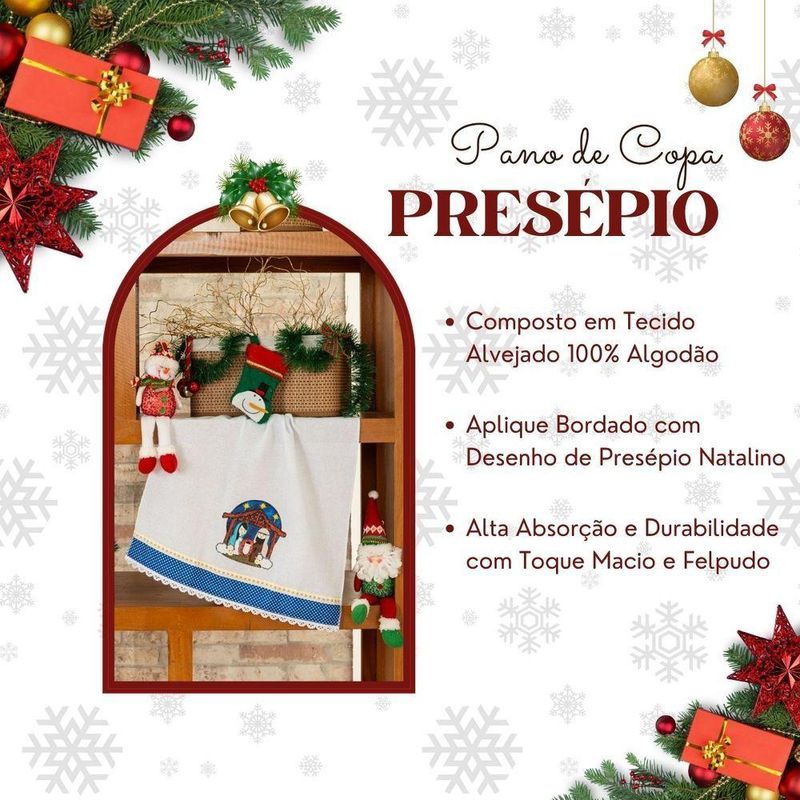 Pano De Copa Avulso Bordado Felpudo Presépio Natalino - Decoração Natal Guardanapo De Prato 100% Algodão Alvejado