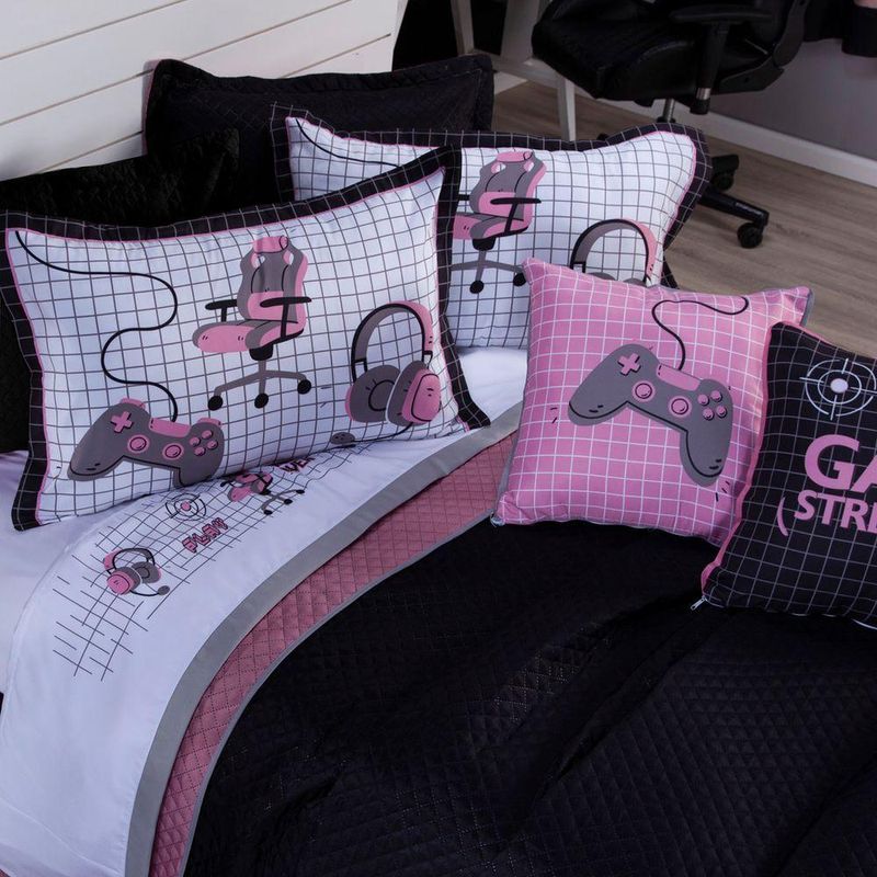 Kit Cobre Leito Colcha Queen Game Streamer Rosê Dupla Face Com Almofadas Estampadas 07 Peças