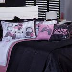 Kit Cobre Leito Colcha Queen Game Streamer Rosê Dupla Face Com Almofadas Estampadas 07 Peças