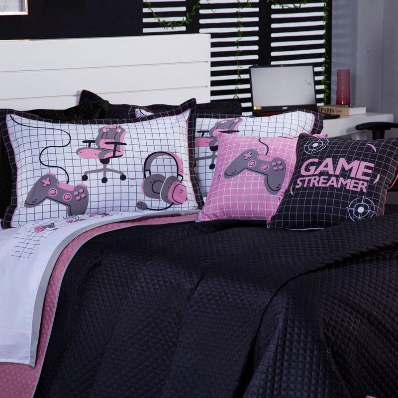 Kit Cobre Leito Colcha Queen Game Streamer Rosê Dupla Face Com Almofadas Estampadas 07 Peças