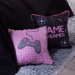 Kit Cobre Leito Colcha Queen Game Streamer Rosê Dupla Face Com Almofadas Estampadas 07 Peças