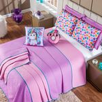 Kit Cobre Leito Colcha Casal Padrão Donuts Unicórnio Lilás/rosa Dupla Face Com Almofadas Estampadas 07 Peças
