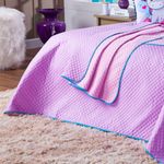 Kit Cobre Leito Colcha Casal Padrão Donuts Unicórnio Lilás/rosa Dupla Face Com Almofadas Estampadas 07 Peças