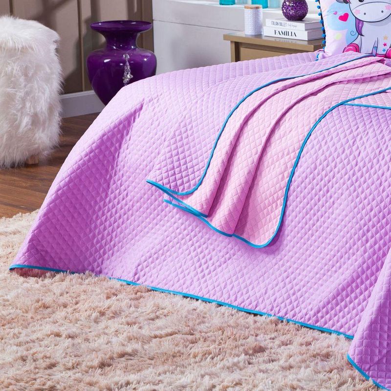 Kit Cobre Leito Colcha Casal Padrão Donuts Unicórnio Lilás/rosa Dupla Face Com Almofadas Estampadas 07 Peças