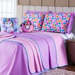 Kit Cobre Leito Colcha Casal Padrão Donuts Unicórnio Lilás/rosa Dupla Face Com Almofadas Estampadas 07 Peças