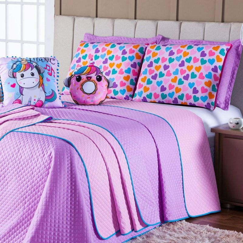Kit Cobre Leito Colcha Casal Padrão Donuts Unicórnio Lilás/rosa Dupla Face Com Almofadas Estampadas 07 Peças