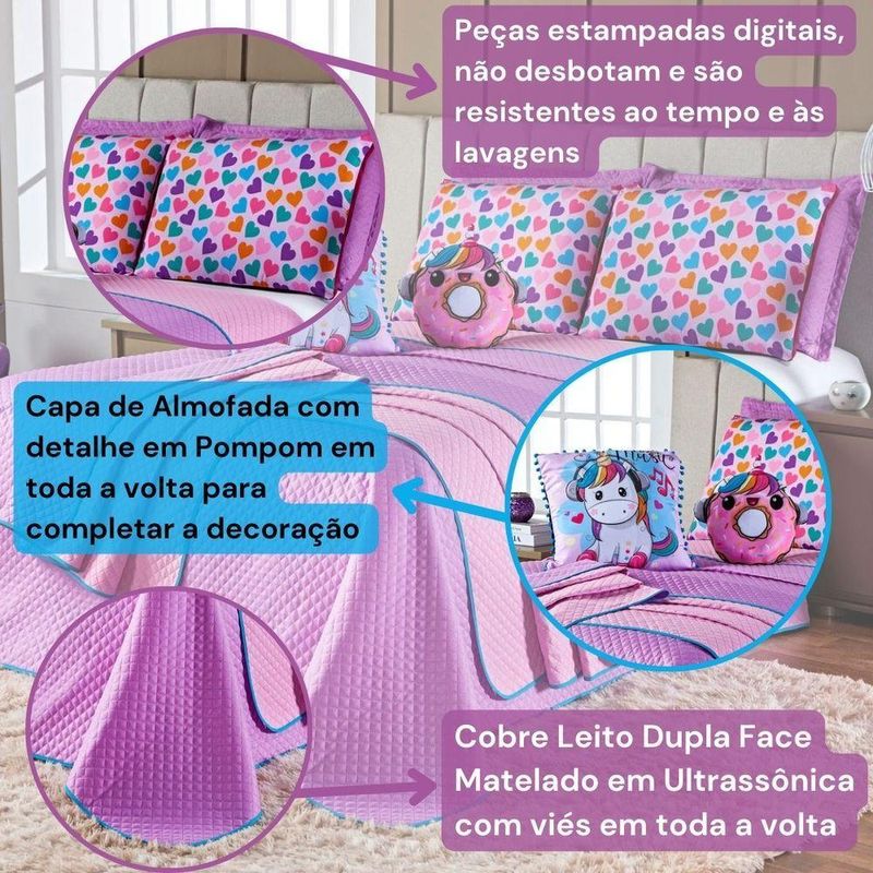 Kit Cobre Leito Colcha Casal Padrão Donuts Unicórnio Lilás/rosa Dupla Face Com Almofadas Estampadas 07 Peças