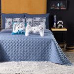 Kit Cobre Leito Colcha Casal Game Start Azul Com Almofadas Estampadas 07 Peças - Dupla Face Percal 300 Fios Matelado