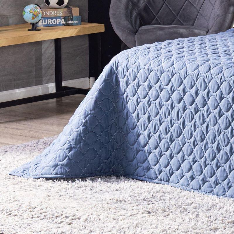 Kit Cobre Leito Colcha Casal Game Start Azul Com Almofadas Estampadas 07 Peças - Dupla Face Percal 300 Fios Matelado