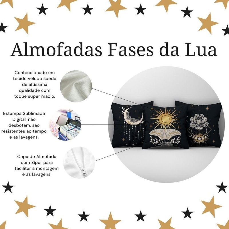 Kit Trio Capas De Almofadas Estampadas Fases Da Lua Em Veludo Suede 45cm X 45cm - Decoração Luxo Para Sala Cor Preto