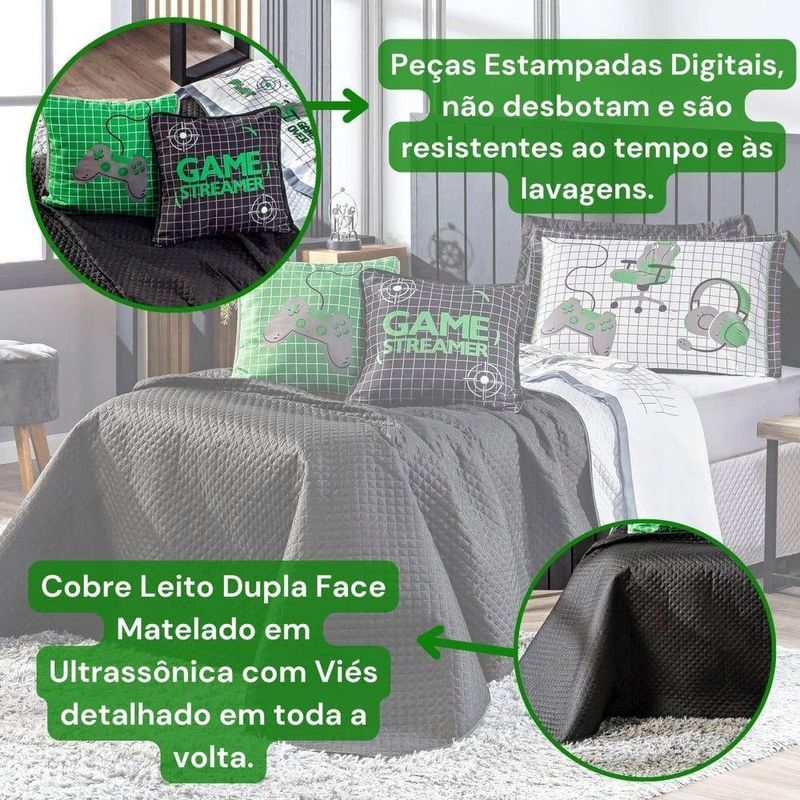 Kit Cobre Leito Colcha Casal Padrão Game Streamer Verde Dupla Face Com Almofadas Estampadas 07 Peças