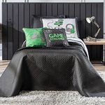 Kit Cobre Leito Colcha Casal Padrão Game Streamer Verde Dupla Face Com Almofadas Estampadas 07 Peças