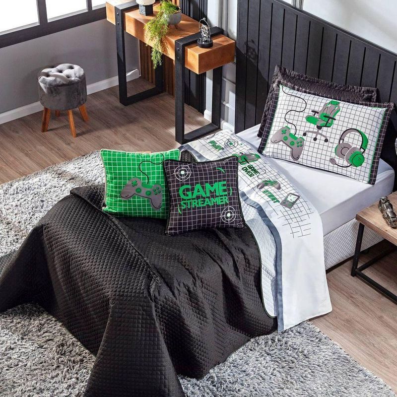 Kit Cobre Leito Colcha Casal Padrão Game Streamer Verde Dupla Face Com Almofadas Estampadas 07 Peças