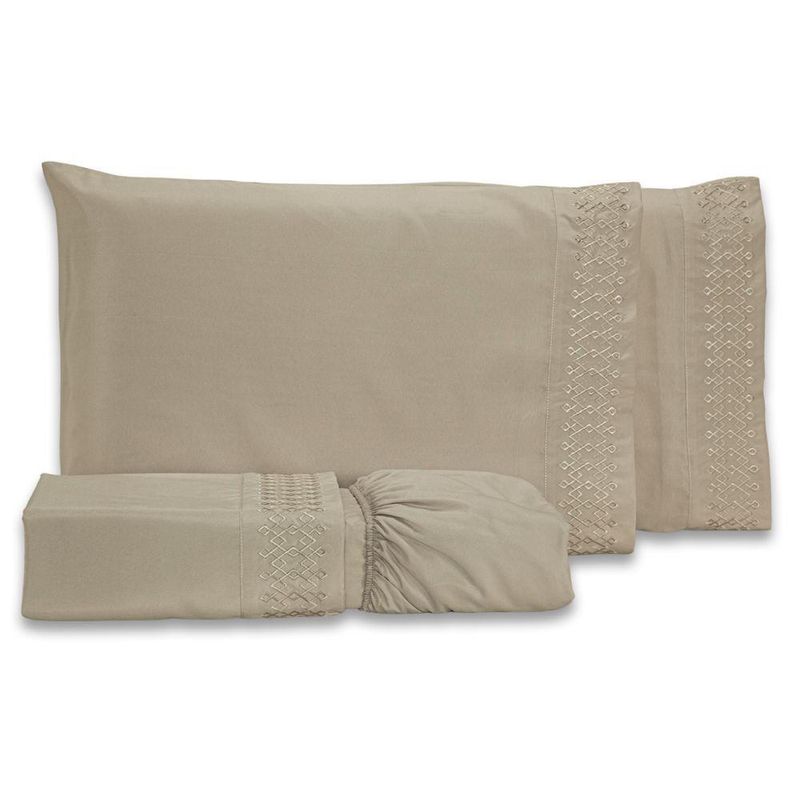 Jogo De Cama Lençol Queen Harmony Bordado Geométrico Percal 300 Fios Com Fronhas 04 Peças - Toque Acetinado Cor Caqui