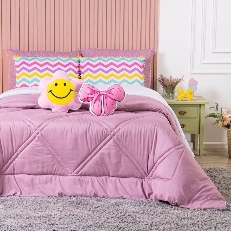 Kit Edredom Queen Menina Teen Rosa Com Almofadas Estampadas 07 Peças - Dupla Face Percal 300 Fios Cor Laço