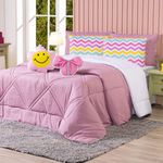 Kit Edredom Queen Menina Teen Rosa Com Almofadas Estampadas 07 Peças - Dupla Face Percal 300 Fios Cor Laço