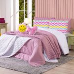 Kit Edredom Queen Menina Teen Rosa Com Almofadas Estampadas 07 Peças - Dupla Face Percal 300 Fios Cor Laço