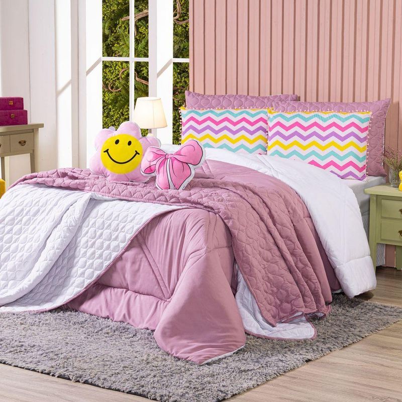 Kit Edredom Queen Menina Teen Rosa Com Almofadas Estampadas 07 Peças - Dupla Face Percal 300 Fios Cor Laço