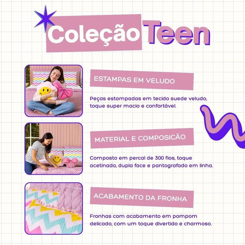 Kit Edredom Queen Menina Teen Rosa Com Almofadas Estampadas 07 Peças - Dupla Face Percal 300 Fios Cor Laço