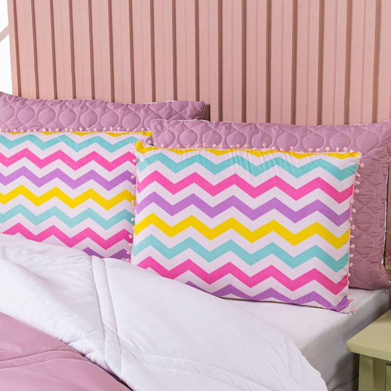 Kit Edredom Queen Menina Teen Rosa Com Almofadas Estampadas 07 Peças - Dupla Face Percal 300 Fios Cor Laço