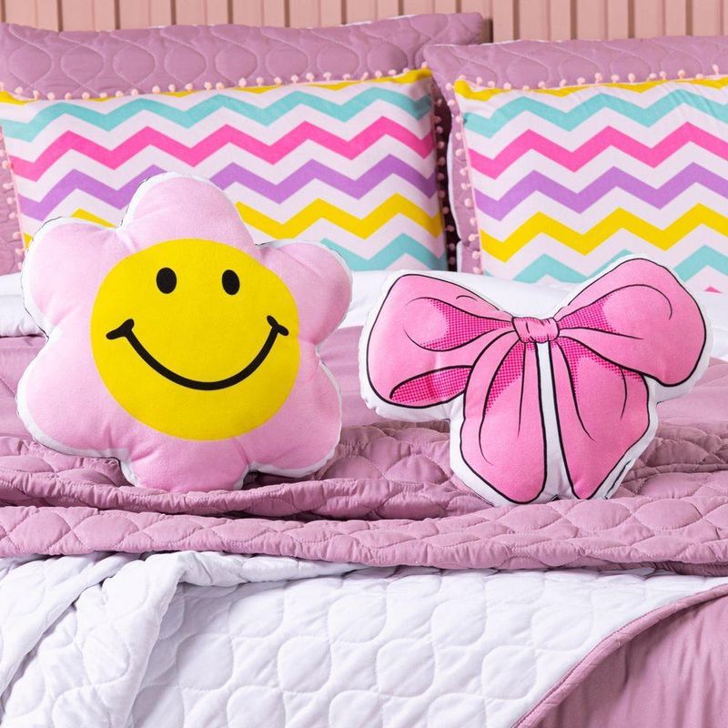 Kit Edredom Queen Menina Teen Rosa Com Almofadas Estampadas 07 Peças - Dupla Face Percal 300 Fios Cor Laço