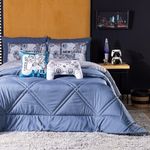 Kit Edredom Queen Game Start Azul Com Almofadas Estampadas 07 Peças - Dupla Face Percal 300 Fios