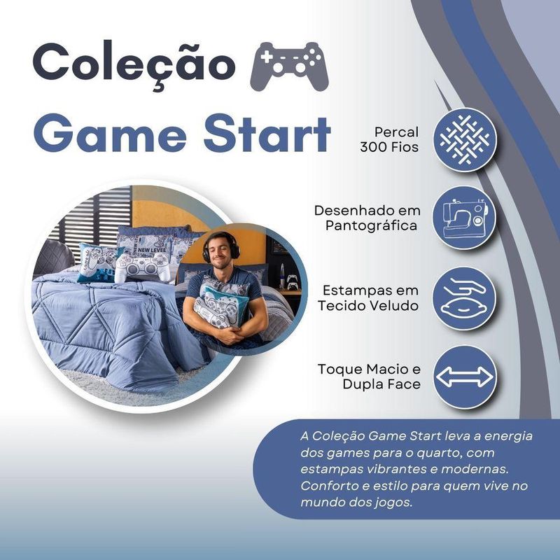 Kit Edredom King Game Start Azul Com Almofadas Estampadas 07 Peças - Dupla Face Percal 300 Fios
