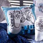 Kit Edredom King Game Start Azul Com Almofadas Estampadas 07 Peças - Dupla Face Percal 300 Fios