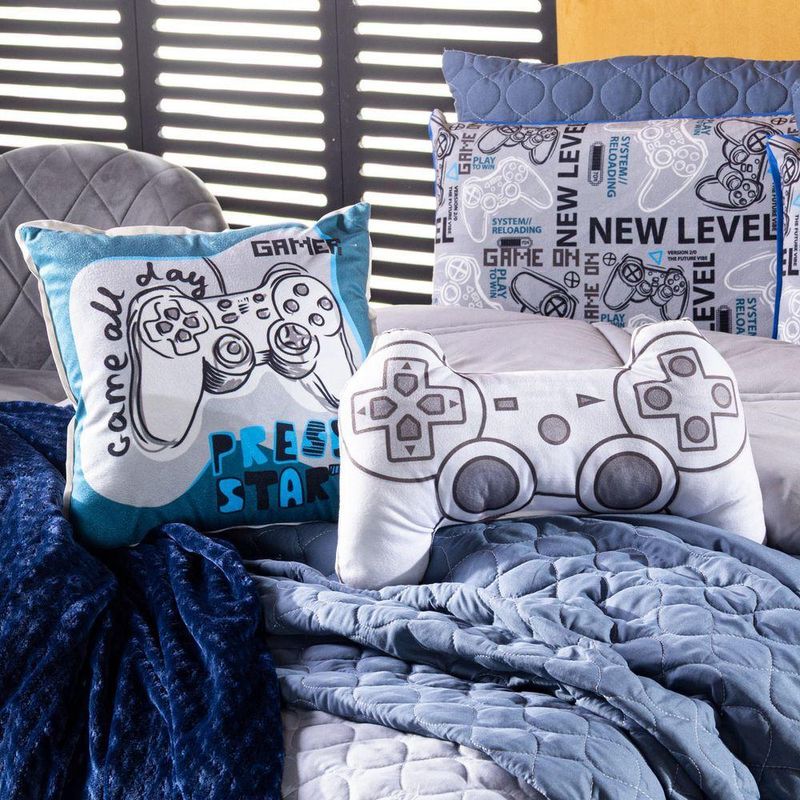 Kit Edredom King Game Start Azul Com Almofadas Estampadas 07 Peças - Dupla Face Percal 300 Fios