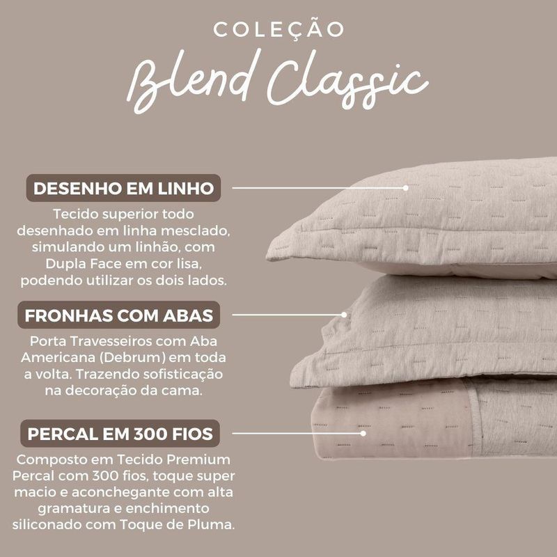 Kit Cobre Leito Colcha Queen Blend Percal 300 Fios Dupla Face Linho Mesclado Com Fronhas 03 Peças Cor Bege