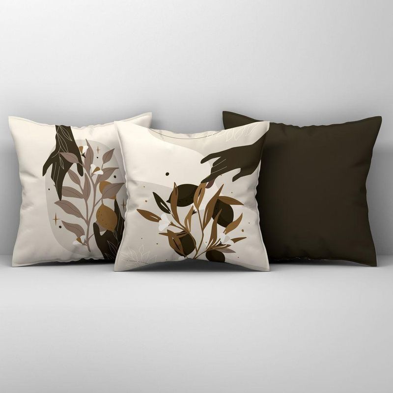 Kit Trio Capas De Almofadas Estampadas Folhas Em Veludo Suede 45cm X 45cm - Decoração Luxo Para Sala Cor Tabaco