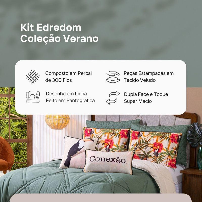 Kit Edredom King Verano Com Almofadas Estampadas 07 Peças - Dupla Face Percal 300 Fios Cor Tucano