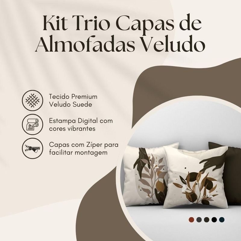 Kit Trio Capas De Almofadas Estampadas Folhas Em Veludo Suede 45cm X 45cm - Decoração Luxo Para Sala Cor Tabaco