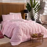 Kit Edredom Liso King Florença Guipir Dupla Face Com Fronhas 03 Peças - Percal Algodão 200 Fios Cor Rosa