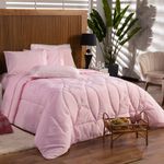 Kit Edredom Liso King Florença Guipir Dupla Face Com Fronhas 03 Peças - Percal Algodão 200 Fios Cor Rosa