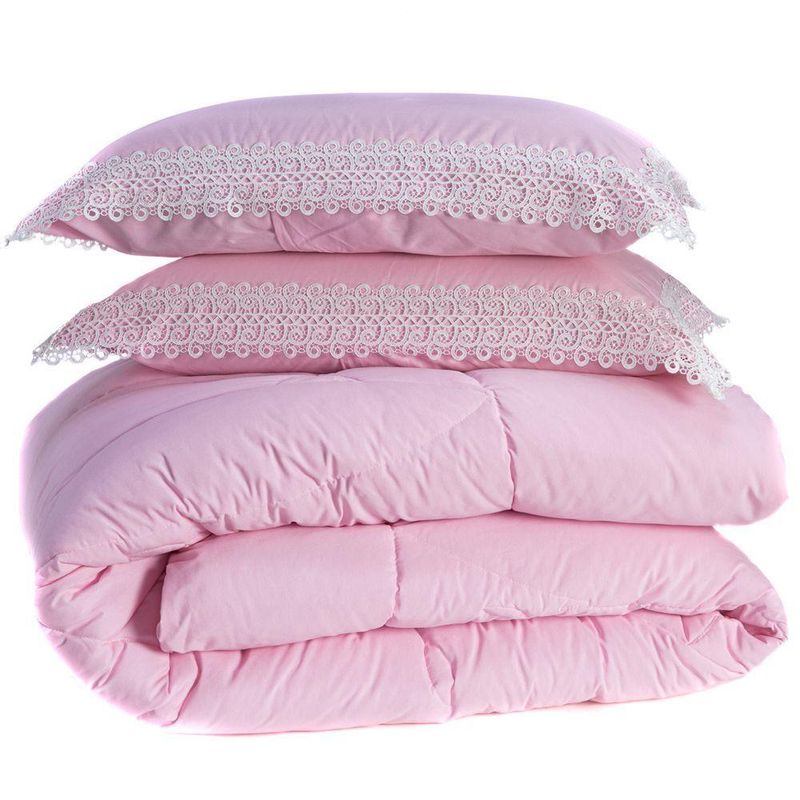 Kit Edredom Liso King Florença Guipir Dupla Face Com Fronhas 03 Peças - Percal Algodão 200 Fios Cor Rosa