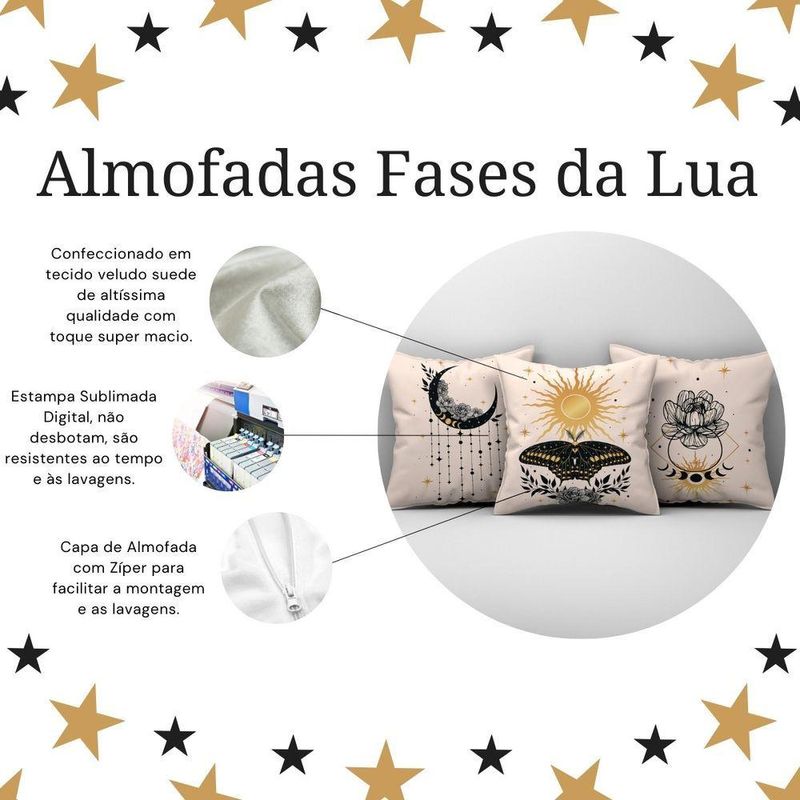 Kit Trio De Almofadas Cheias Fases Da Lua Estampadas Em Veludo Suede 45cm X 45cm Enchimento Em Refil Silicone Cor Bege